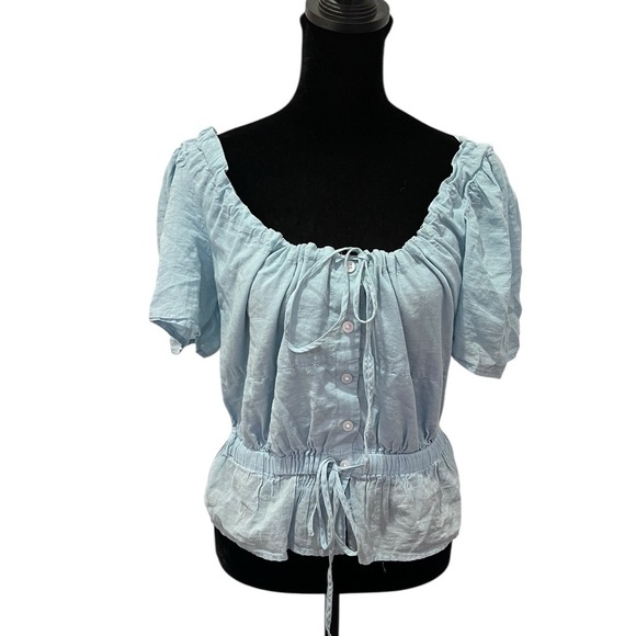Y2K 7 For all Mankind Light Blue Button Up Off Shoulder Milkmaid Coquette Top XS - Picture 1 of 10